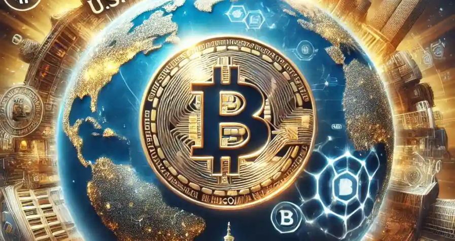 A futuristic digital illustration symbolizing Bitcoin's expanding global influence, featuring a glowing Bitcoin logo radiating over a semi-transparent globe with elements of financial and blockchain integration.
