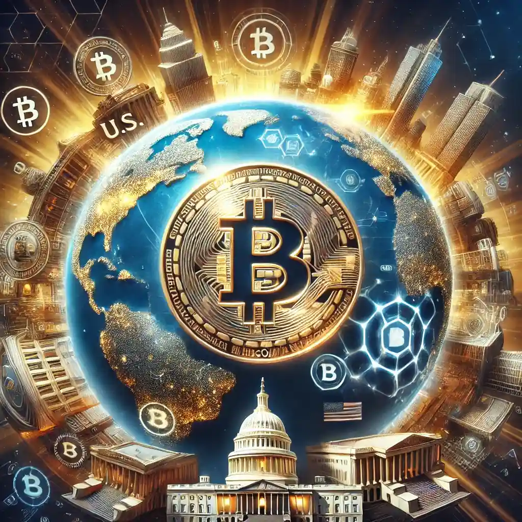 A futuristic digital illustration symbolizing Bitcoin's expanding global influence, featuring a glowing Bitcoin logo radiating over a semi-transparent globe with elements of financial and blockchain integration.