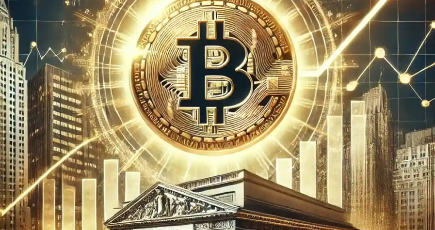 A symbolic digital illustration of Bitcoin's rise in the global financial market, highlighting institutional investments and economic potential.