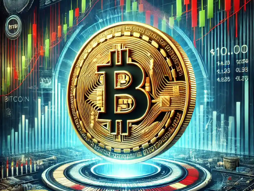 A golden Bitcoin coin in the center with dynamic financial charts in the background showing sharp dips and gains, symbolizing recent market volatility.