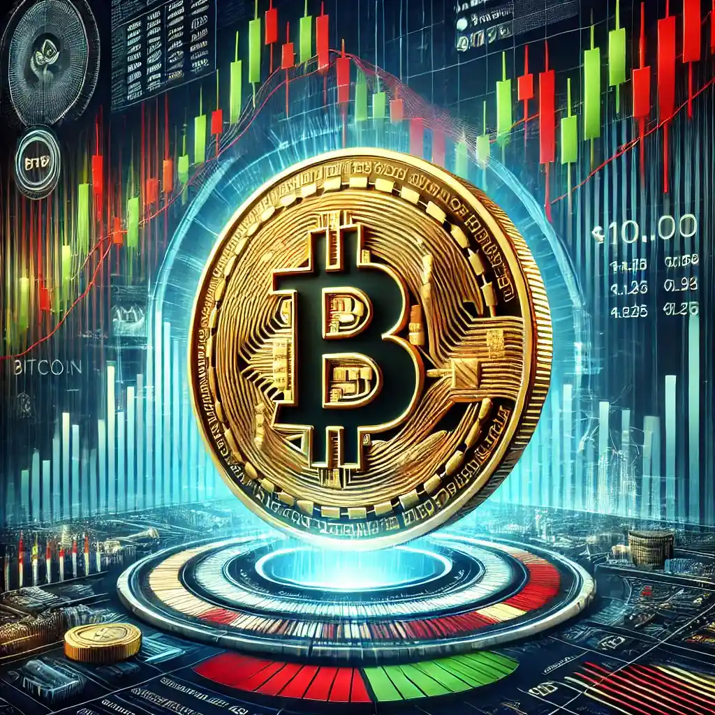 A golden Bitcoin coin in the center with dynamic financial charts in the background showing sharp dips and gains, symbolizing recent market volatility.