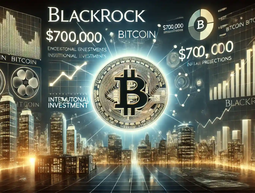 Illustration mettant en avant l'engagement de BlackRock envers le Bitcoin, avec un symbole Bitcoin lumineux, des graphiques financiers et des projections économiques.