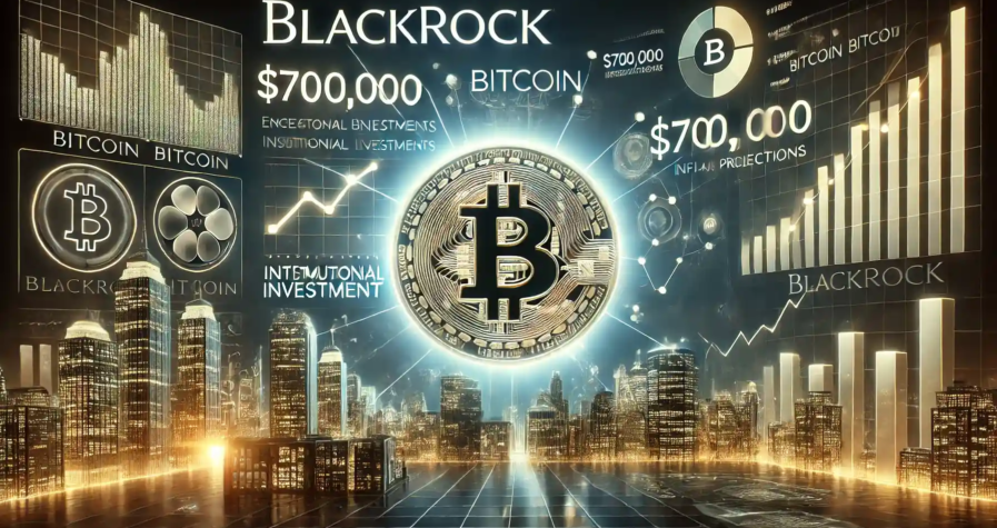 Illustration mettant en avant l'engagement de BlackRock envers le Bitcoin, avec un symbole Bitcoin lumineux, des graphiques financiers et des projections économiques.
