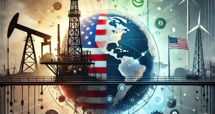 A symbolic digital illustration showcasing the tension between U.S. energy policies and global climate commitments. The left side features a traditional oil rig with U.S. flags under a dark industrial sky. The right side displays a globe encased in clean energy symbols like wind turbines and solar panels, illuminated with bright colors, connected by a sleek bridge symbolizing collaboration.