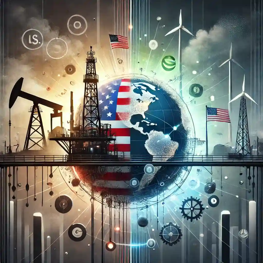 A symbolic digital illustration showcasing the tension between U.S. energy policies and global climate commitments. The left side features a traditional oil rig with U.S. flags under a dark industrial sky. The right side displays a globe encased in clean energy symbols like wind turbines and solar panels, illuminated with bright colors, connected by a sleek bridge symbolizing collaboration.