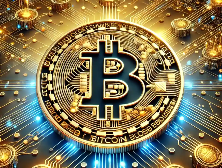 Artistic representation of Bitcoin's divisibility, showcasing a golden Bitcoin fragmented into satoshis with blockchain connections and hard fork branches on a futuristic digital background.