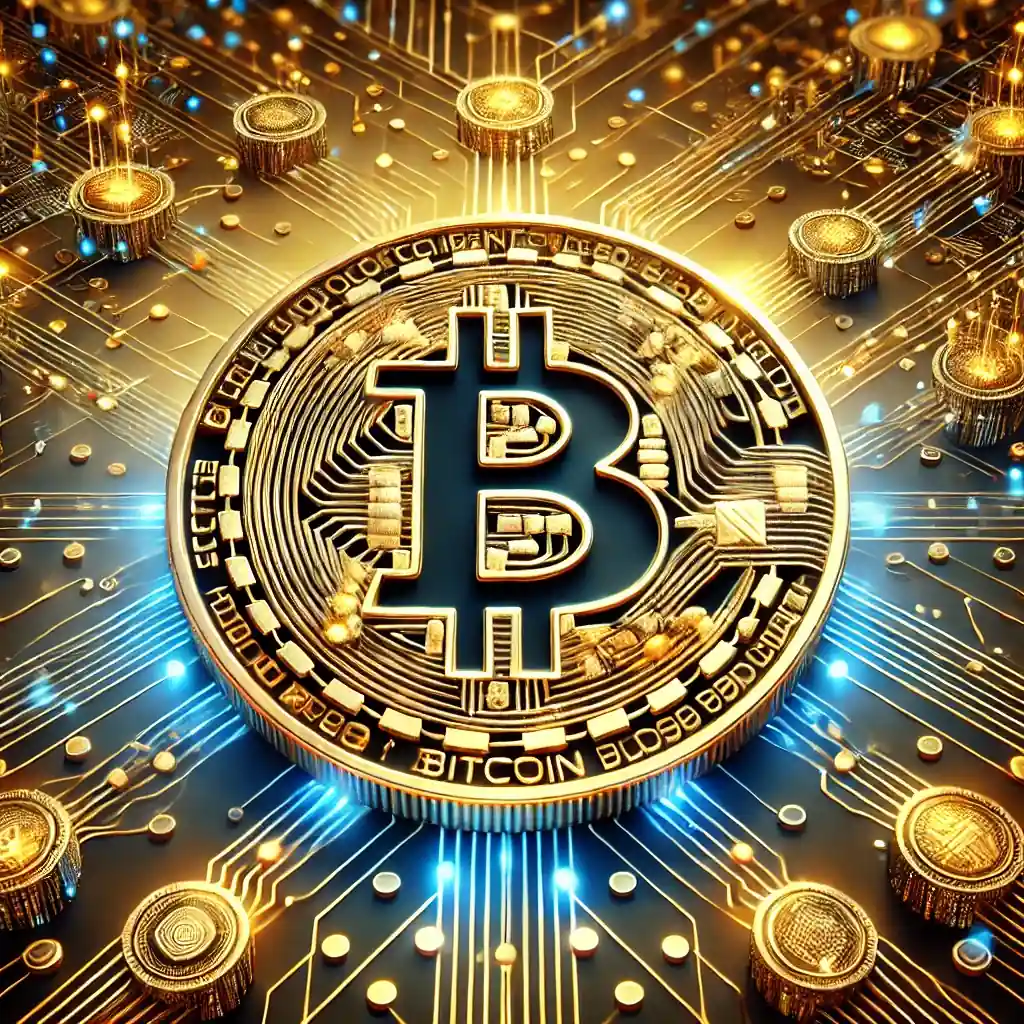 Artistic representation of Bitcoin's divisibility, showcasing a golden Bitcoin fragmented into satoshis with blockchain connections and hard fork branches on a futuristic digital background.