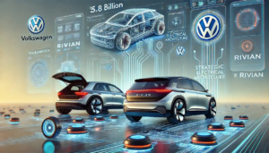 Illustration mettant en avant la collaboration entre Volkswagen et Rivian, avec des véhicules électriques futuristes et des éléments technologiques avancés.