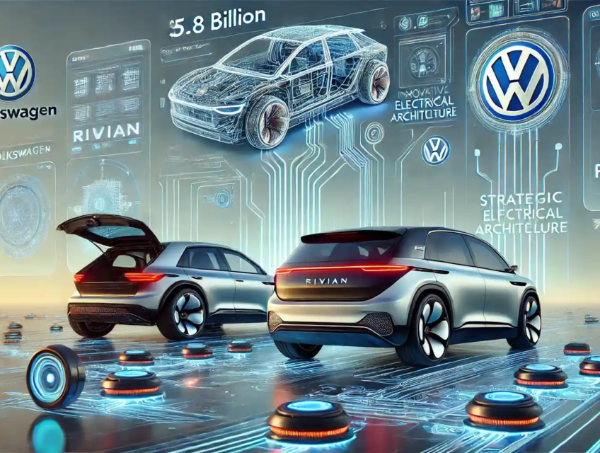 Illustration mettant en avant la collaboration entre Volkswagen et Rivian, avec des véhicules électriques futuristes et des éléments technologiques avancés.
