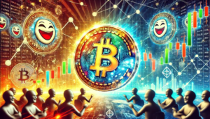 Illustration des memecoins dans le marché des cryptomonnaies, avec des pièces lumineuses, des graphiques financiers et des motifs de blockchain.