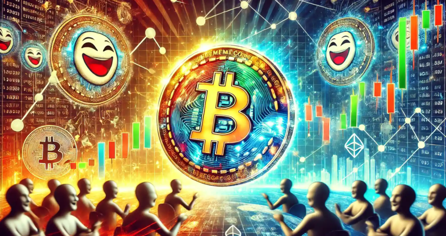 Illustration des memecoins dans le marché des cryptomonnaies, avec des pièces lumineuses, des graphiques financiers et des motifs de blockchain.
