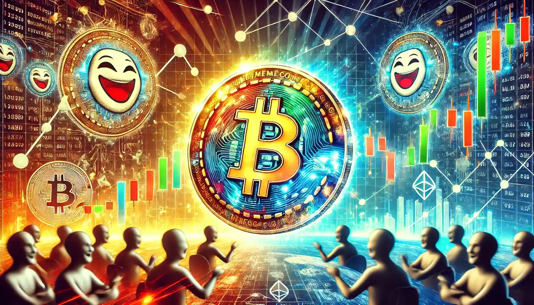 Illustration des memecoins dans le marché des cryptomonnaies, avec des pièces lumineuses, des graphiques financiers et des motifs de blockchain.