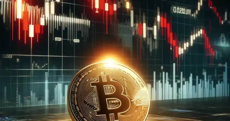 Une illustration numérique dynamique montrant la correction du Bitcoin après avoir dépassé les 100 000 dollars, avec un graphique en chandeliers rouges indiquant une baisse de valeur, une pièce de Bitcoin lumineuse au premier plan et un arrière-plan financier sombre symbolisant l'incertitude du marché.