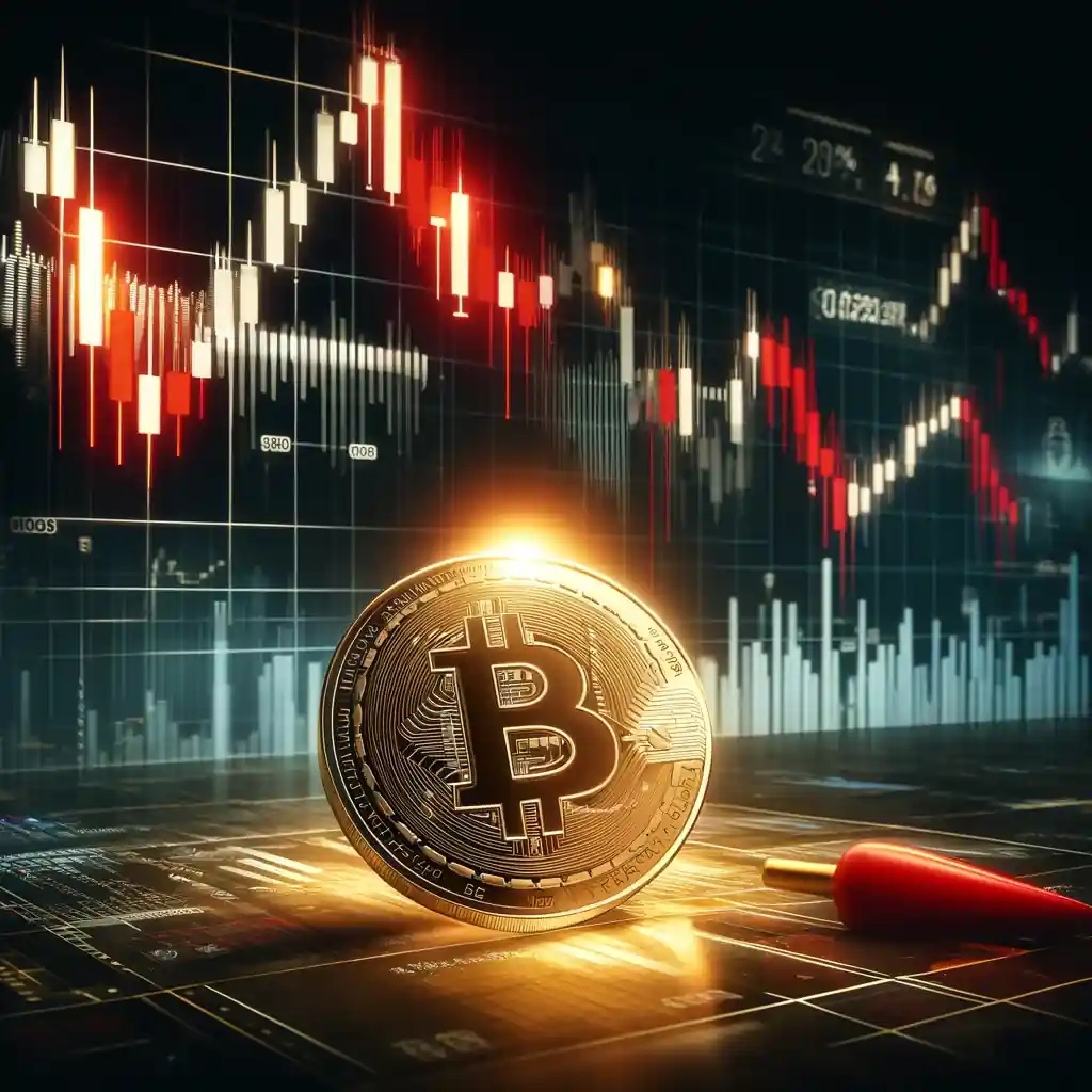 Une illustration numérique dynamique montrant la correction du Bitcoin après avoir dépassé les 100 000 dollars, avec un graphique en chandeliers rouges indiquant une baisse de valeur, une pièce de Bitcoin lumineuse au premier plan et un arrière-plan financier sombre symbolisant l'incertitude du marché.
