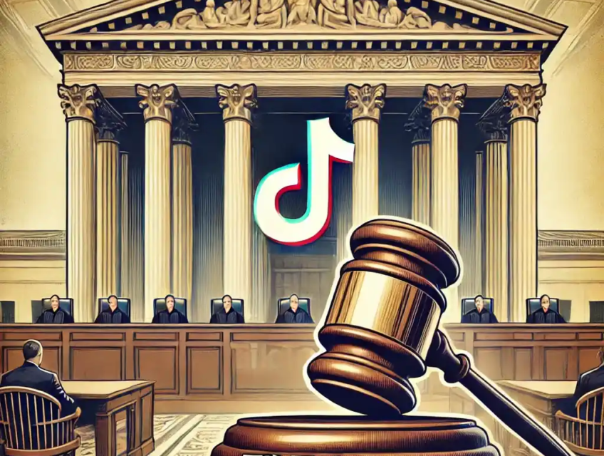 Illustration de la Cour suprême des États-Unis avec un grand marteau de juge et des références discrètes à TikTok. La scène est institutionnelle et sérieuse.