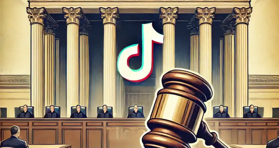 Illustration de la Cour suprême des États-Unis avec un grand marteau de juge et des références discrètes à TikTok. La scène est institutionnelle et sérieuse.