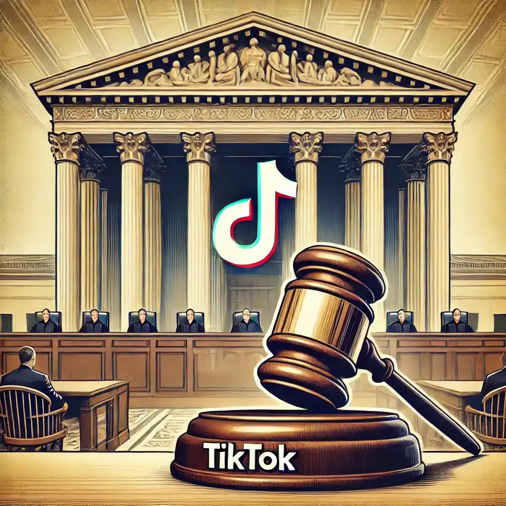 Illustration de la Cour suprême des États-Unis avec un grand marteau de juge et des références discrètes à TikTok. La scène est institutionnelle et sérieuse.