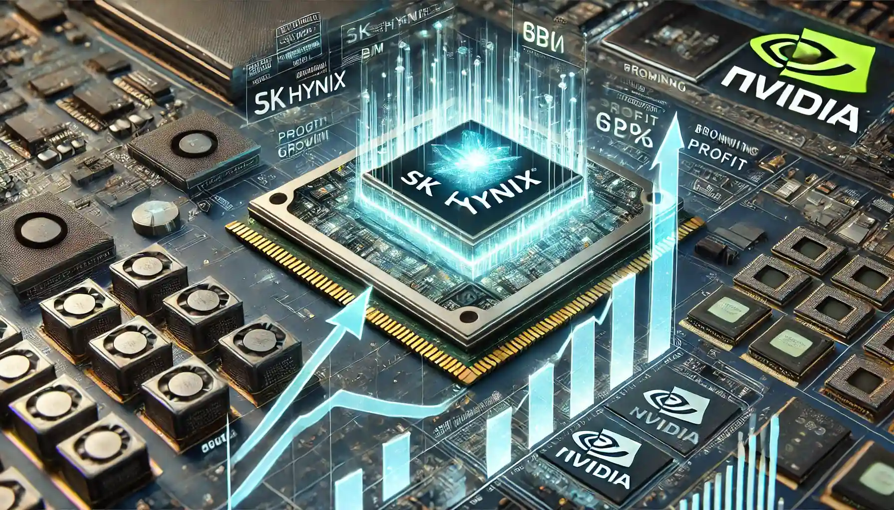 Illustration de la montée en puissance de SK Hynix avec des puces HBM et des graphiques représentant une croissance financière impressionnante.