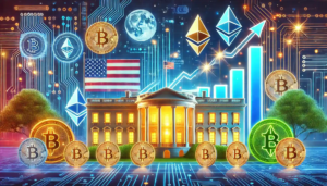 Illustration de la croissance des cryptomonnaies aux États-Unis, avec des symboles de Bitcoin et Ethereum autour d’une Maison-Blanche futuriste.