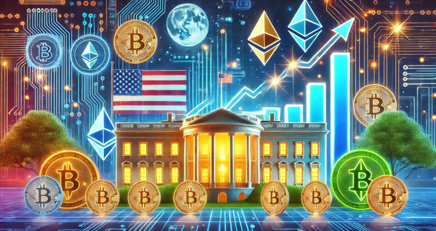 Illustration de la croissance des cryptomonnaies aux États-Unis, avec des symboles de Bitcoin et Ethereum autour d’une Maison-Blanche futuriste.