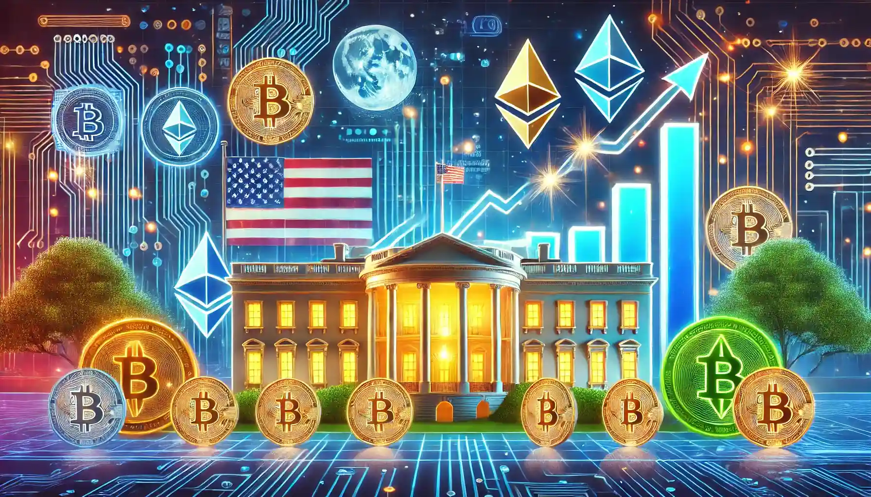 Illustration de la croissance des cryptomonnaies aux États-Unis, avec des symboles de Bitcoin et Ethereum autour d’une Maison-Blanche futuriste.