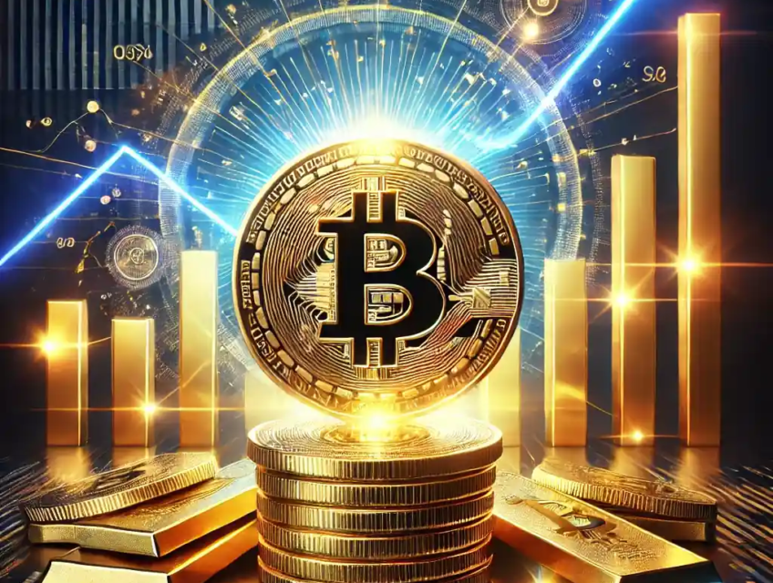 A visually engaging digital illustration of Bitcoin's growth in 2024, featuring a golden Bitcoin coin with financial graphs and gold bars in the background.