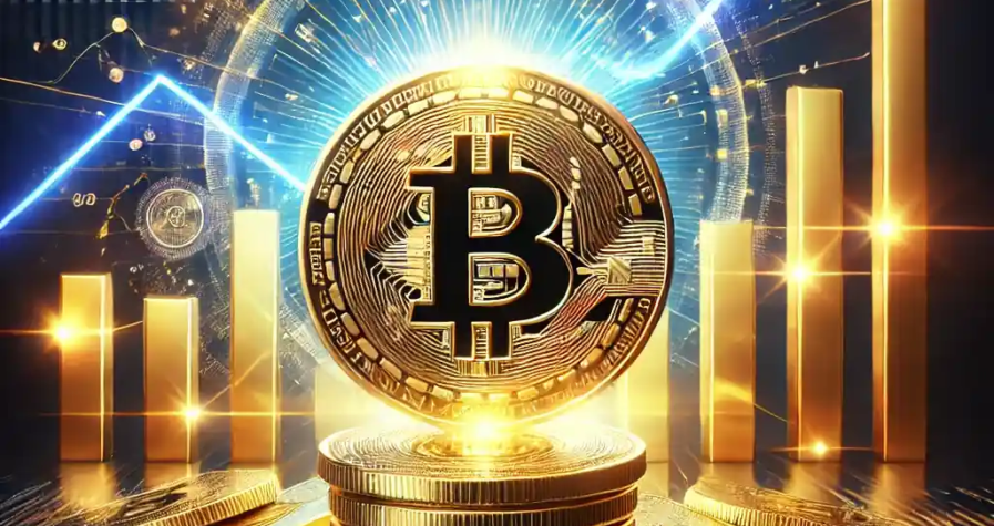A visually engaging digital illustration of Bitcoin's growth in 2024, featuring a golden Bitcoin coin with financial graphs and gold bars in the background.