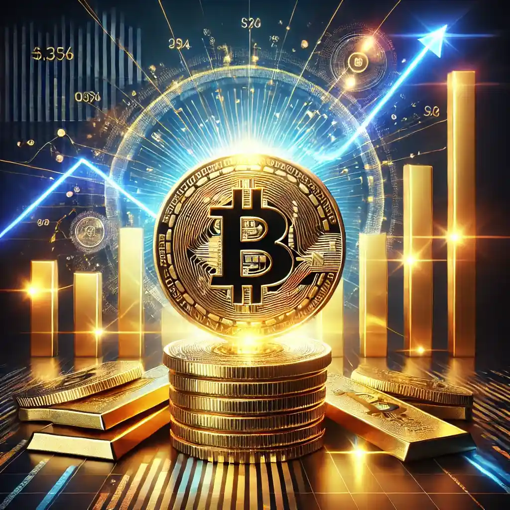 A visually engaging digital illustration of Bitcoin's growth in 2024, featuring a golden Bitcoin coin with financial graphs and gold bars in the background.