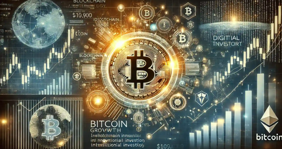 Illustration d’un Bitcoin brillant avec une valeur de 109 000 $, entouré de graphiques financiers et de motifs de blockchain.