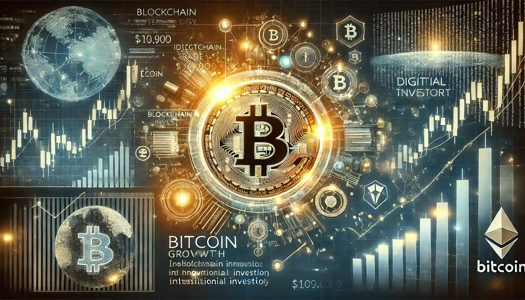 Illustration d’un Bitcoin brillant avec une valeur de 109 000 $, entouré de graphiques financiers et de motifs de blockchain.
