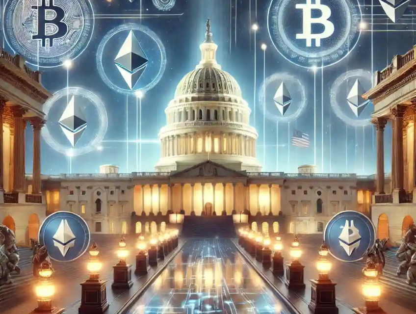 A futuristic digital illustration showing the U.S. Capitol illuminated with blockchain-inspired lights and cryptocurrency symbols like Bitcoin, Ethereum, and Dogecoin.