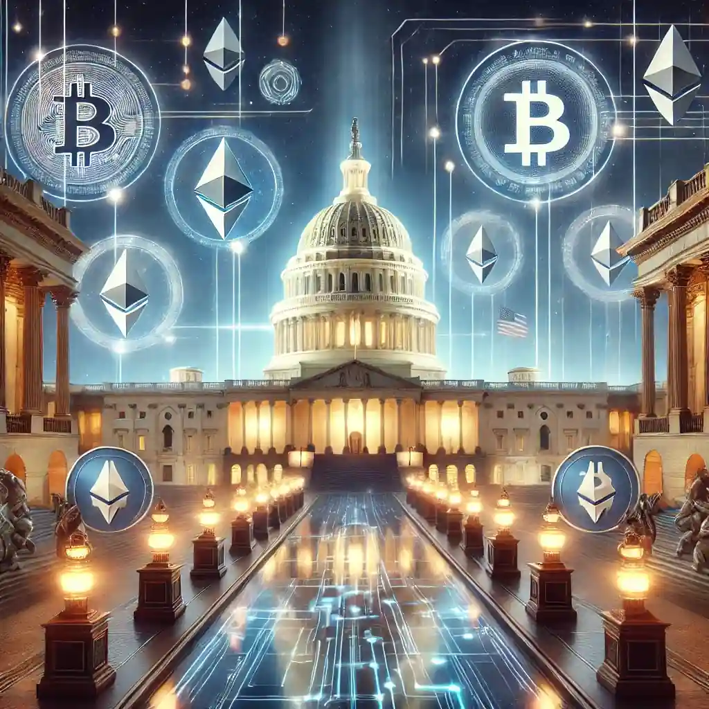 A futuristic digital illustration showing the U.S. Capitol illuminated with blockchain-inspired lights and cryptocurrency symbols like Bitcoin, Ethereum, and Dogecoin.