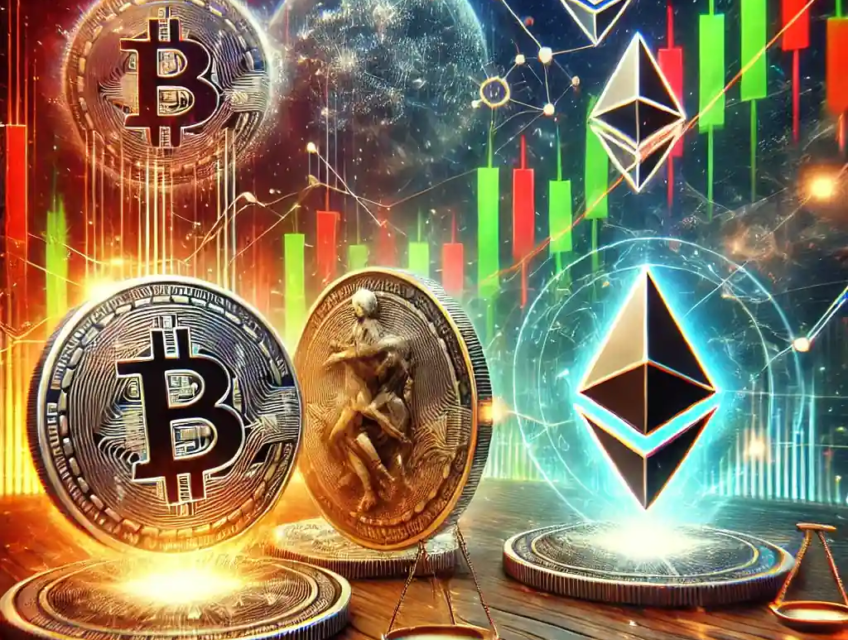 A dynamic digital illustration of cryptocurrency market volatility featuring Bitcoin, Ethereum, and Chainlink logos on a declining graph with candlestick charts in the background.
