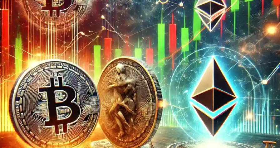 A dynamic digital illustration of cryptocurrency market volatility featuring Bitcoin, Ethereum, and Chainlink logos on a declining graph with candlestick charts in the background.