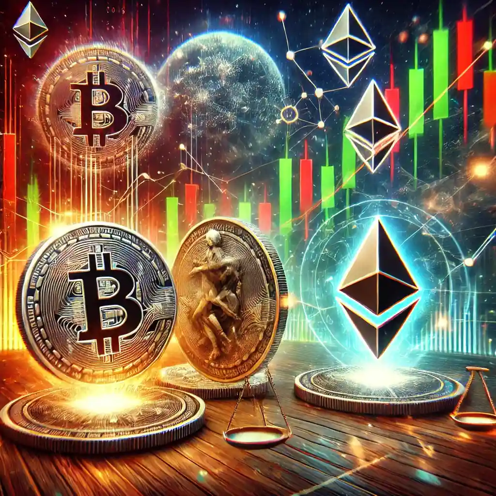 A dynamic digital illustration of cryptocurrency market volatility featuring Bitcoin, Ethereum, and Chainlink logos on a declining graph with candlestick charts in the background.