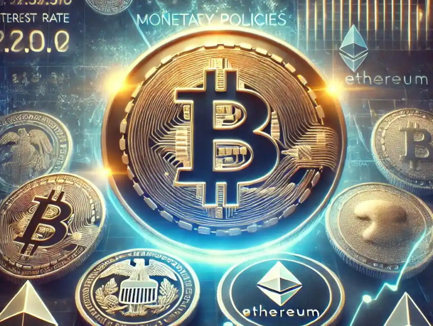 A dynamic visualization of cryptocurrency market trends influenced by Federal Reserve policies, featuring Bitcoin and altcoins amidst financial graphs.