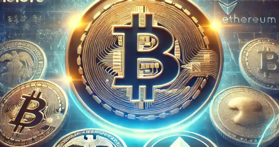 A dynamic visualization of cryptocurrency market trends influenced by Federal Reserve policies, featuring Bitcoin and altcoins amidst financial graphs.