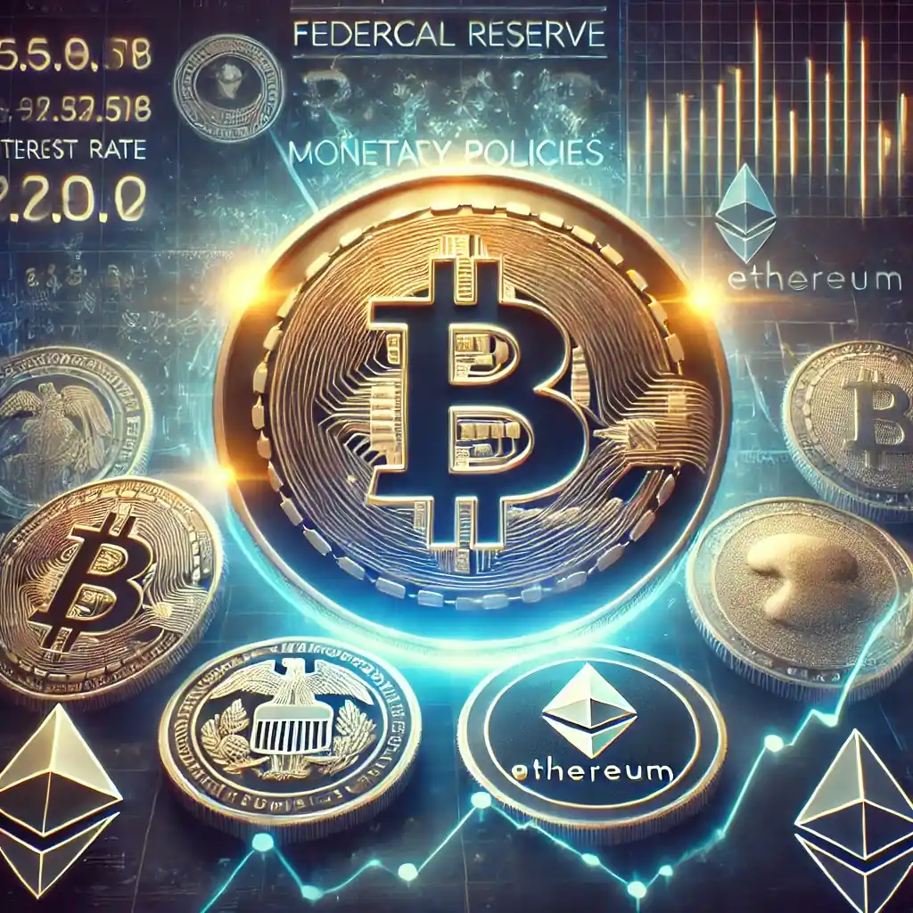 A dynamic visualization of cryptocurrency market trends influenced by Federal Reserve policies, featuring Bitcoin and altcoins amidst financial graphs.