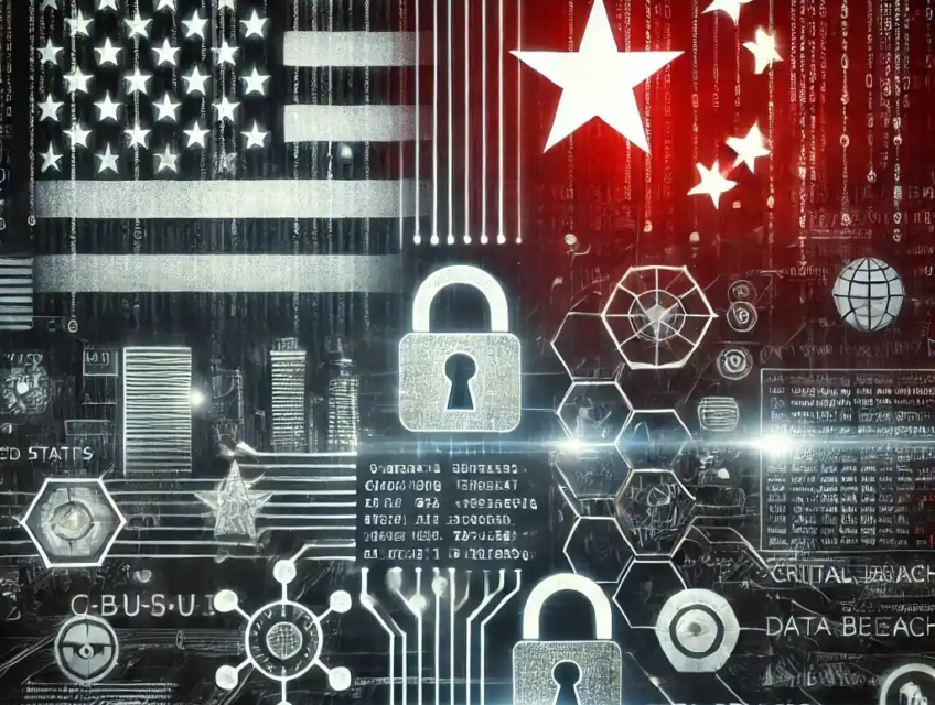 Illustration numérique mettant en scène une cyberattaque ciblant des infrastructures critiques, avec des éléments symbolisant la cybersécurité, des lignes de code et des drapeaux des États-Unis et de la Chine.