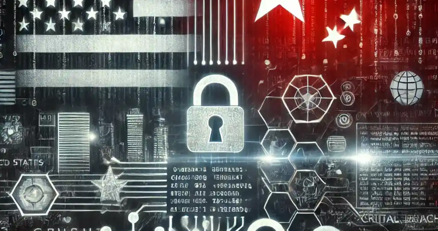 Illustration numérique mettant en scène une cyberattaque ciblant des infrastructures critiques, avec des éléments symbolisant la cybersécurité, des lignes de code et des drapeaux des États-Unis et de la Chine.