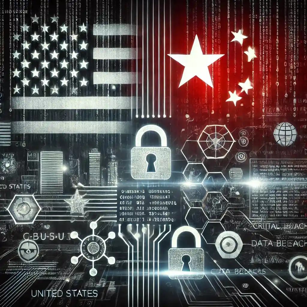 Illustration numérique mettant en scène une cyberattaque ciblant des infrastructures critiques, avec des éléments symbolisant la cybersécurité, des lignes de code et des drapeaux des États-Unis et de la Chine.
