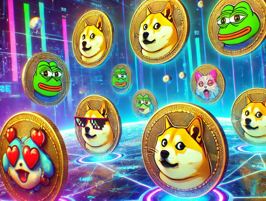 A futuristic depiction of meme coins like Dogecoin and others orbiting around a blockchain network in a vibrant digital landscape.