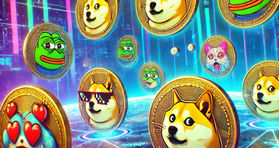 A futuristic depiction of meme coins like Dogecoin and others orbiting around a blockchain network in a vibrant digital landscape.
