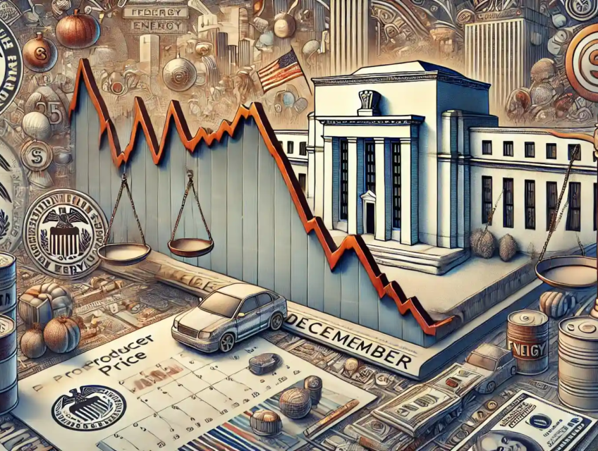 Illustration montrant la baisse de l'inflation des prix à la production avec un graphique en déclin, des icônes de biens et services, et le bâtiment de la Réserve fédérale.