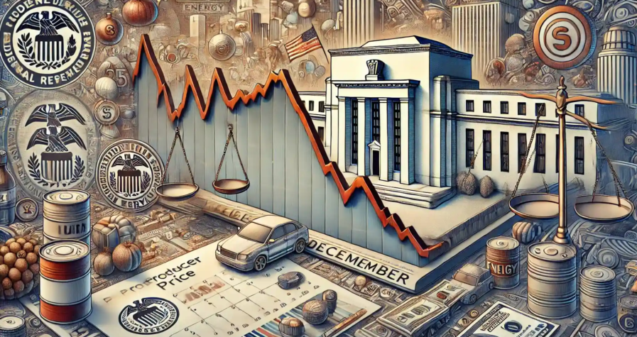Illustration montrant la baisse de l'inflation des prix à la production avec un graphique en déclin, des icônes de biens et services, et le bâtiment de la Réserve fédérale.