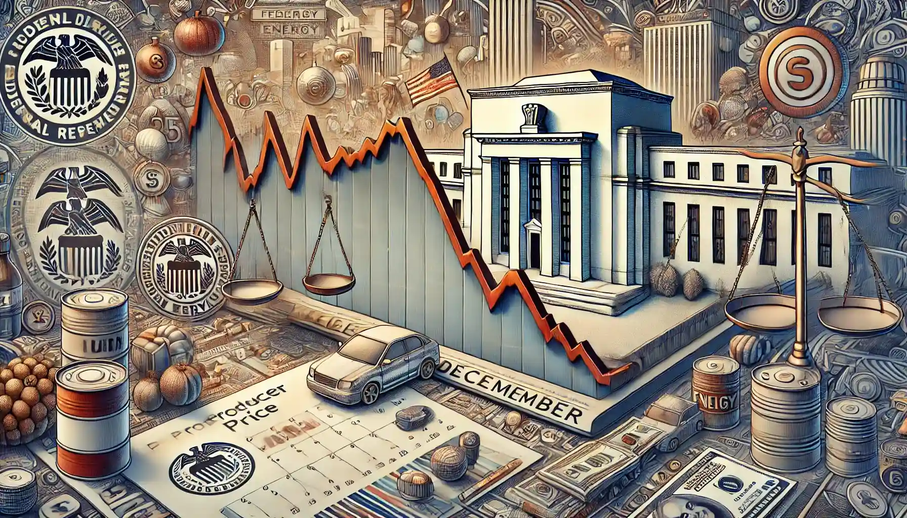Illustration montrant la baisse de l'inflation des prix à la production avec un graphique en déclin, des icônes de biens et services, et le bâtiment de la Réserve fédérale.