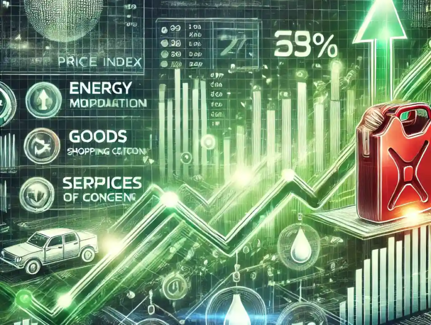 Dynamic infographic showcasing U.S. producer price index trends with inflation movements. The illustration includes upward and downward arrows, symbols for energy (gasoline pump), goods (shopping cart), and services (briefcase with financial charts), set against a background of financial graphs and data visuals.