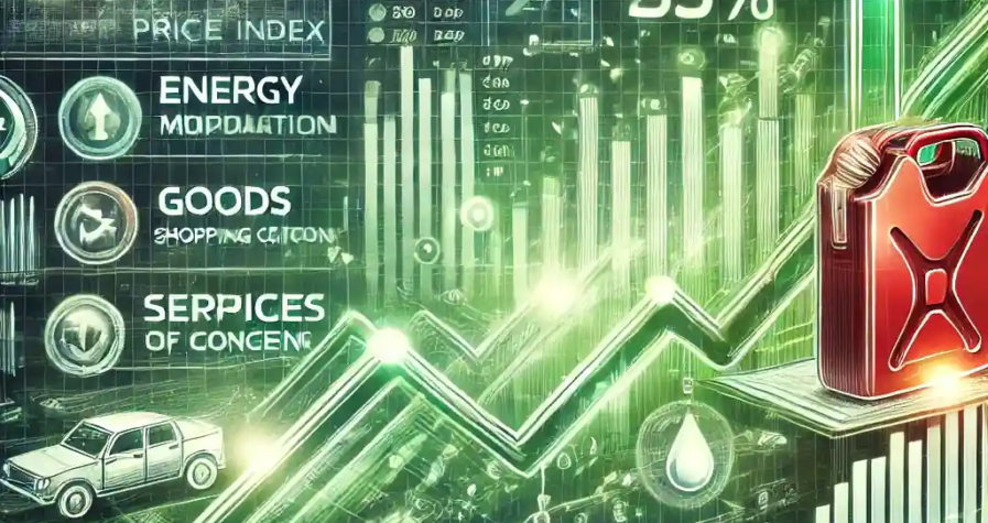 Dynamic infographic showcasing U.S. producer price index trends with inflation movements. The illustration includes upward and downward arrows, symbols for energy (gasoline pump), goods (shopping cart), and services (briefcase with financial charts), set against a background of financial graphs and data visuals.