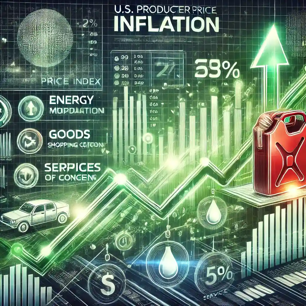 Dynamic infographic showcasing U.S. producer price index trends with inflation movements. The illustration includes upward and downward arrows, symbols for energy (gasoline pump), goods (shopping cart), and services (briefcase with financial charts), set against a background of financial graphs and data visuals.