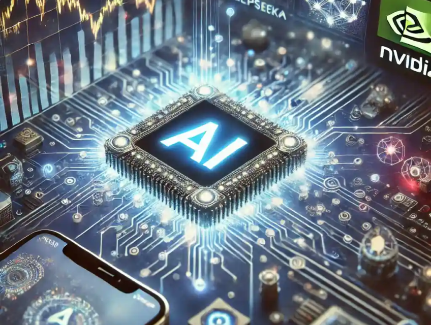 A futuristic illustration featuring an AI circuit board, a declining Nvidia stock graph, an AI-powered iPhone, and a rising Apple stock chart.